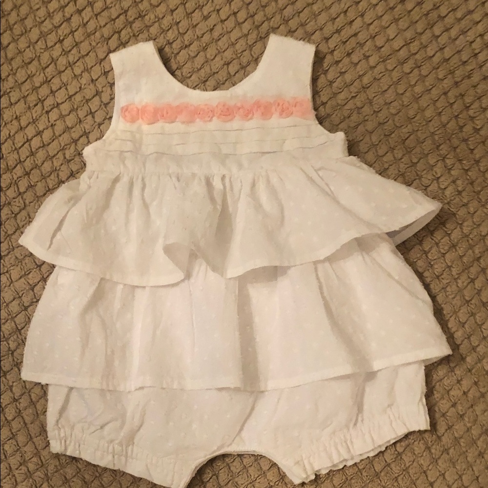 White Baby Ruffle Romper with Pink Rose Trim